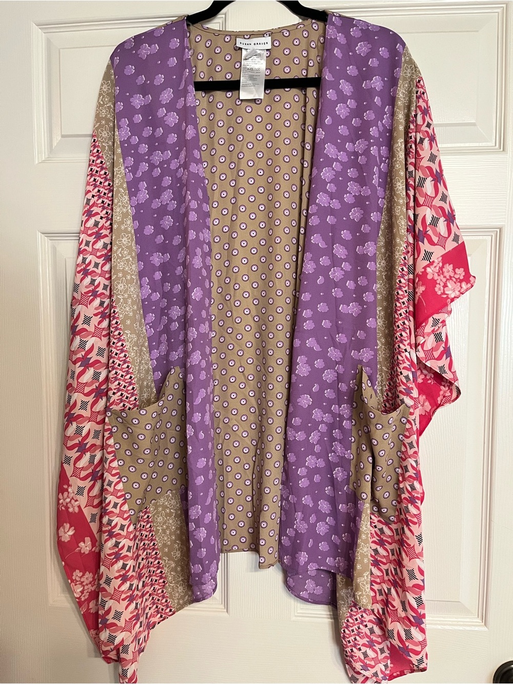 Susan Graves Vibrant Purple & Pink Mixed-Print Open Kimono w/ pockets